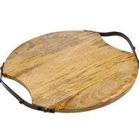 13" Natural Brown Round Wood and Metal Tray