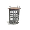 Set Of Two Grey And Brown Wood and Metal Basket Round End Tables