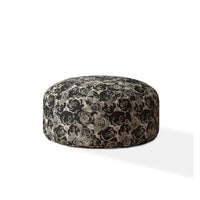 24" Beige Canvas Round Floral Pouf Ottoman