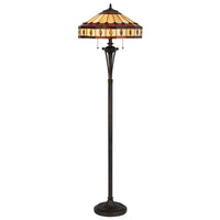 61" Bronze Two Light Traditional Shaped Floor Lamp With Purple And Ivory Abstract Tiffany Glass Empire Shade