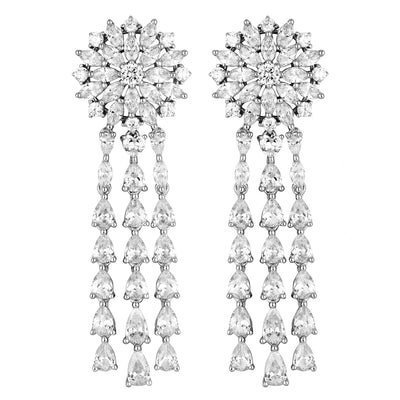 Rhodium Plated Sterling Silver CZ Star with 3 Row Chandeliers Earrings