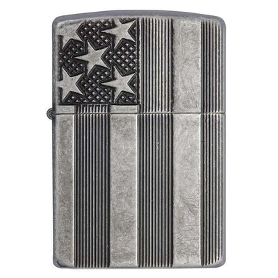 Zippo Windproof Lighter U.s. Flag Armor Case  Antique Slilver Plate Finish