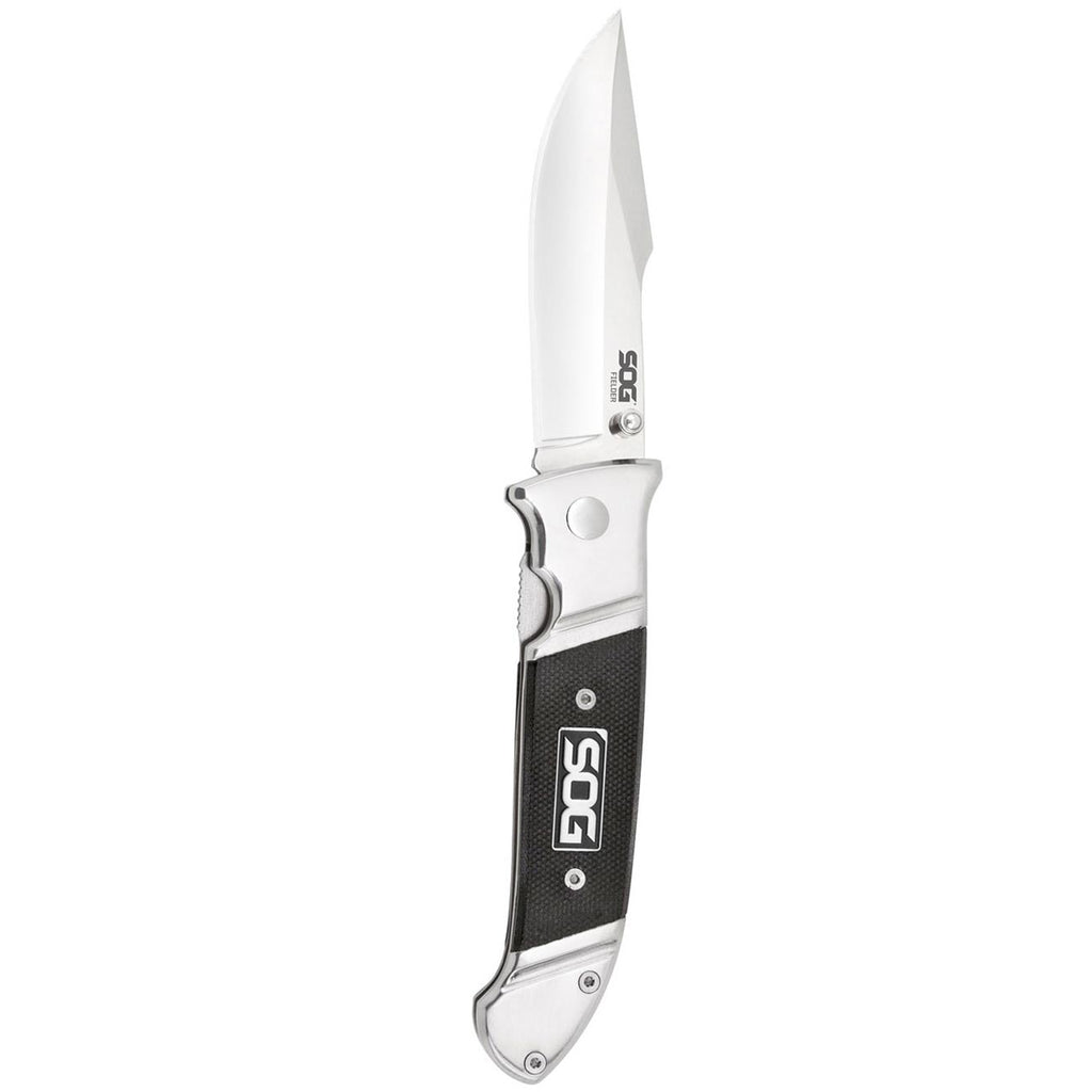 Sog Fielder Folding Knife 3.3" Satin Clip Point Blade Black G10 Handles
