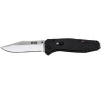 Sog Flare Assisted Folding Knife 3.5" Satin Plain Blade Black Grn Handles