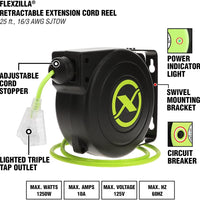 Flexzilla Retractable Extension Cord Reel 25' 16/3 Awg Grounded Triple Tap Indoor Outlet