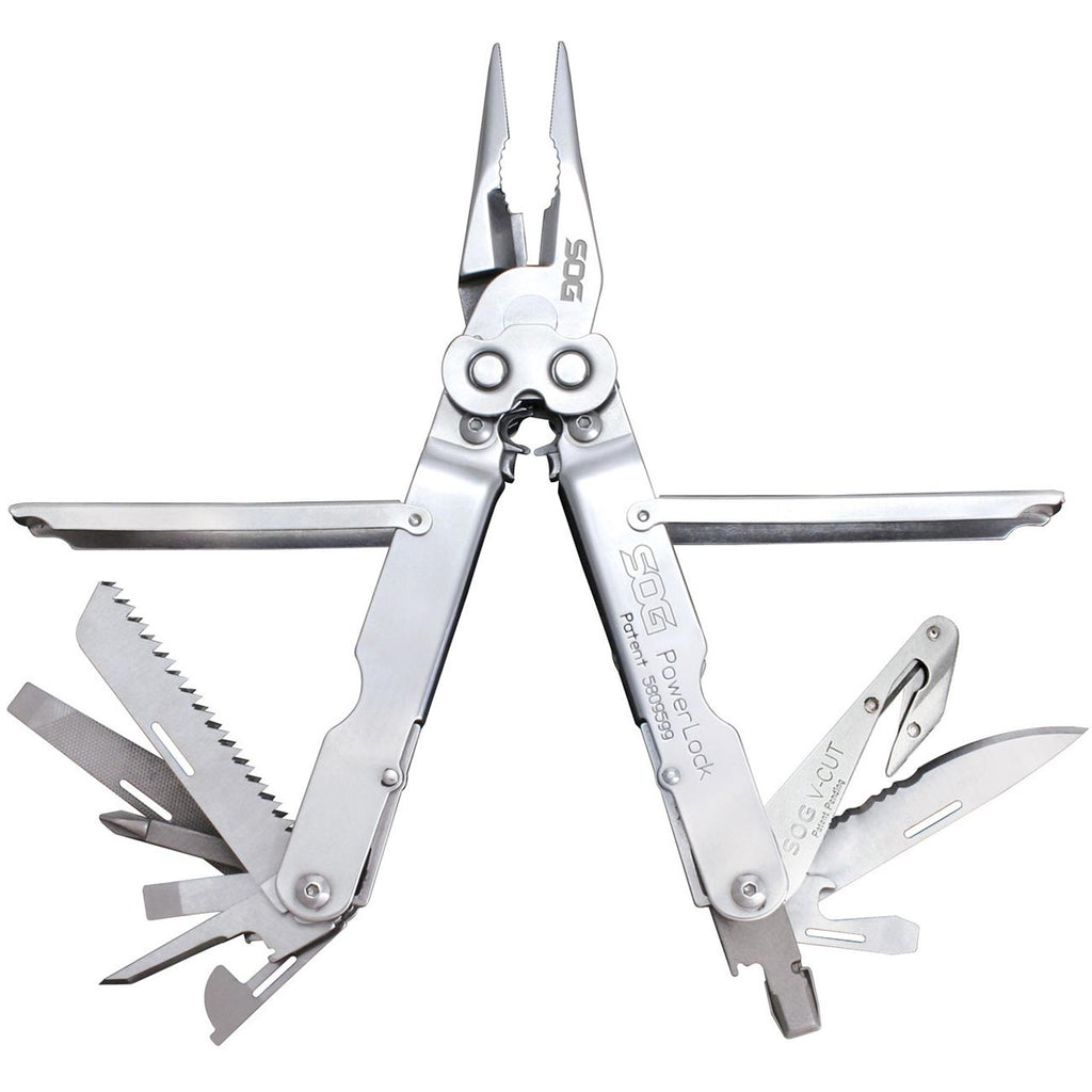 Sog Powerlock W/ V-cutter Stainless Finish 18 Tool Multi-tool With Nylon Sheath