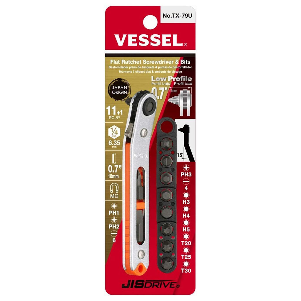 Vessel Low-profile Bent 15° Flat Plate Ratchet Screwdriver With 11 Bits