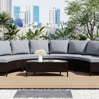 TOPMAX 5 Pieces All-Weather Brown PE Rattan Wicker Sofa Set Outdoor Patio Sectional Furniture Set Half-Moon Sofa Set with Tempered Glass Table, Gray