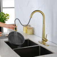 Gold Kitchen Faucets with Pull Down Sprayer, Kitchen Sink Faucet with Pull Out Sprayer, Fingerprint Resistant, Single Hole Deck Mount, Single Handle Copper Kitchen Faucet,