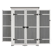 [Video Provided] TOPMAX Outdoor 5.5ft Hx4.1ft L Wood Storage Shed, Garden Tool Cabinet with Waterproof Asphalt Roof, Four Lockable Doors, Multiple-tier Shelves, White and Gray
