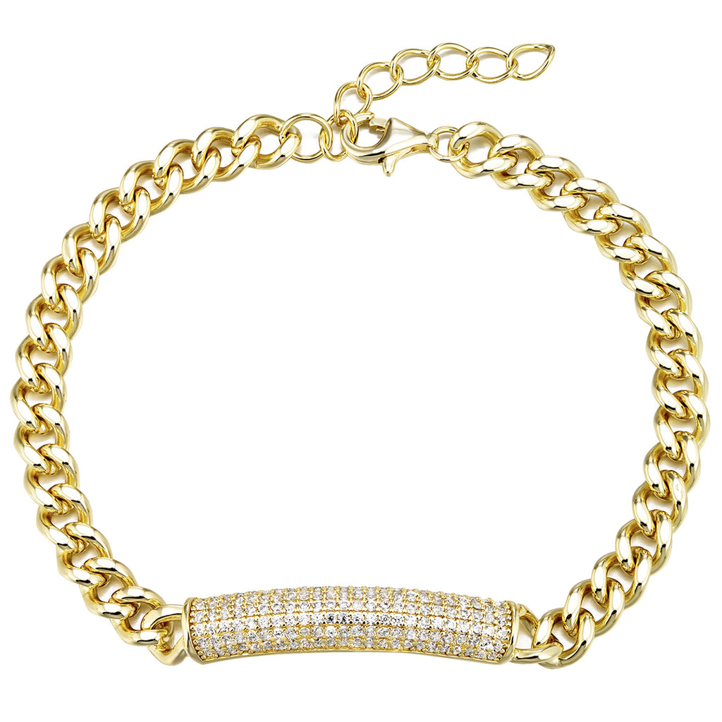 White CZ Bar, Gold Plated Heavy Chain Bracelet