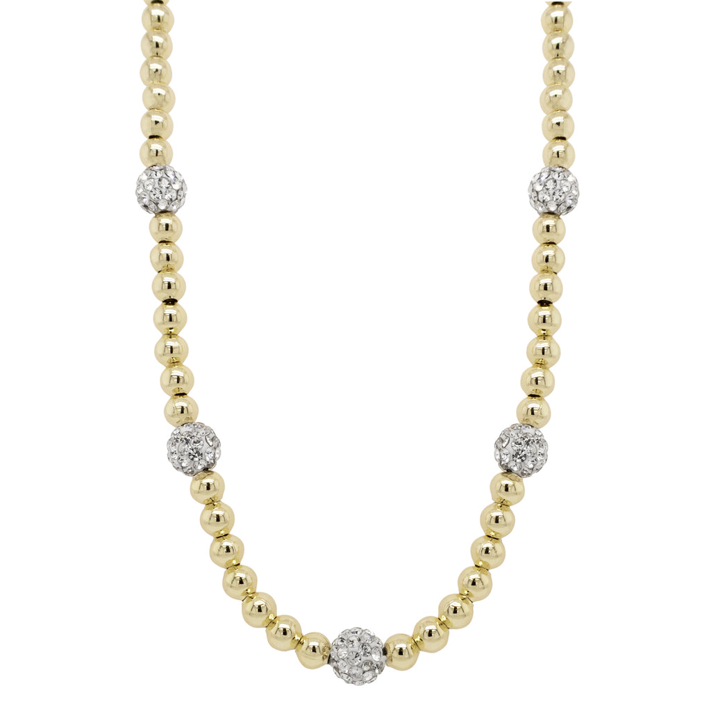 Gold 4mm Round Beads and 6mm Pave Crystal Balls Necklace