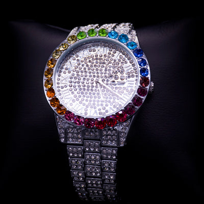 Rainbow CZ Diamonds  around Dial Quartz Men's Watch