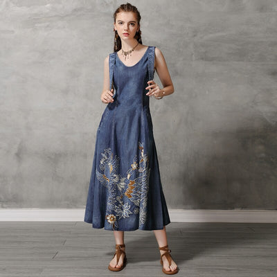 Embroidered Sleeveless Jean Midi Dress with Pockets