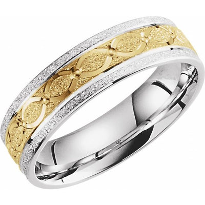 14K White and Yellow Gold 6mm Etched Design Band