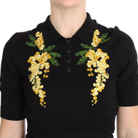 Black Silk Floral Embroidered Polo Top