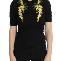 Black Silk Floral Embroidered Polo Top