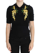 Black Silk Floral Embroidered Polo Top