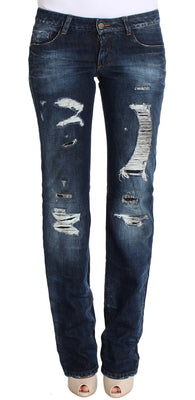 Blue Cotton Torn Regular Fit Jeans