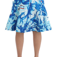 Blue Peplum Fresco-Print Straight Pencil Skirt