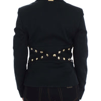 Black Cotton Stretch Gold Studded Blazer Jacket