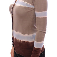 Beige Striped Silk Sweater Cardigan Pullover Top