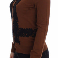 Brown Wool Black Lace Cardigan Sweater