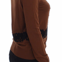 Brown Wool Black Lace Cardigan Sweater