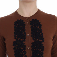 Brown Wool Black Lace Cardigan Sweater