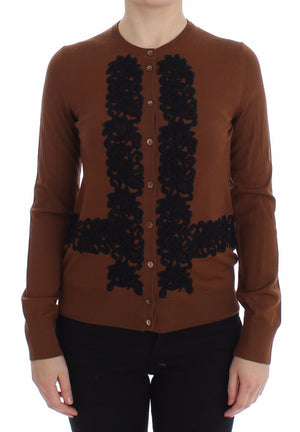 Brown Wool Black Lace Cardigan Sweater