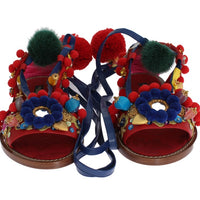 Pom Pom Leather Crystal Sandals