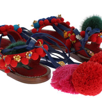 Pom Pom Leather Crystal Sandals