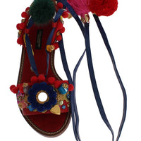 Pom Pom Leather Crystal Sandals