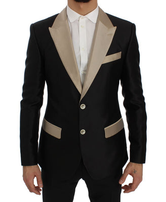 Black Beige Silk Slim Blazer Jacket