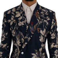 Blue Bird Print Silk Slim Fit Blazer Jacket
