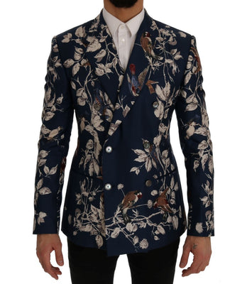 Blue Bird Print Silk Slim Fit Blazer Jacket