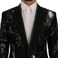 Black Bird Print Silk Slim Blazer Jacket