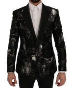 Black Bird Print Silk Slim Blazer Jacket