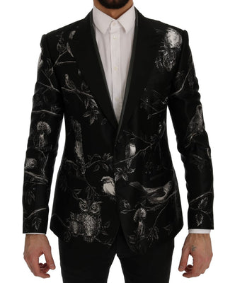 Black Bird Print Silk Slim Blazer Jacket