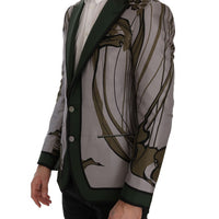 Gray Green Floral Slim Fit Blazer Jacket