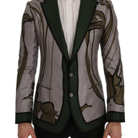 Gray Green Floral Slim Fit Blazer Jacket