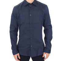 Blue Stretch Cotton Casual Long Sleeve Shirt