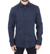 Blue Stretch Cotton Casual Long Sleeve Shirt