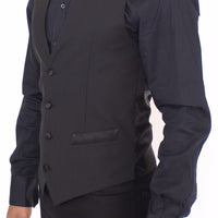 Black Wool Silk Stretch Dress Vest Blazer