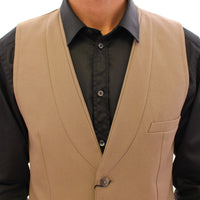 Beige Cotton Slim Fit Button Front Dress Vest