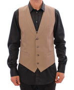 Beige Cotton Slim Fit Button Front Dress Vest