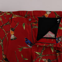 Red Silk Bird Print Dress Pants