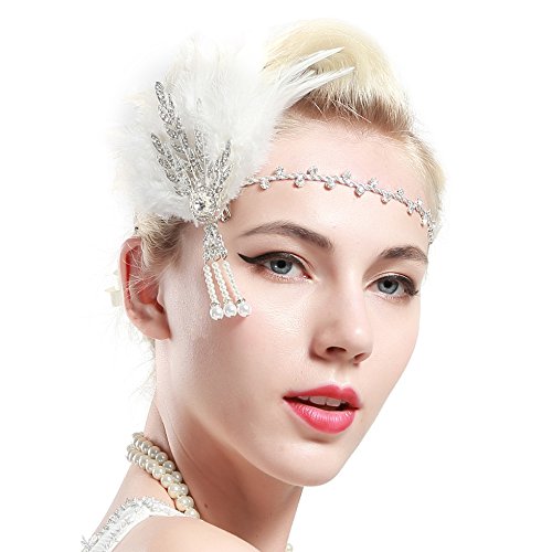 Art Deco Leaf Vine and Pearl Headband with Feather - Hull Hill