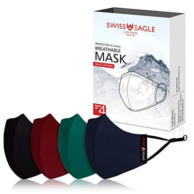 Swiss Eagle Cotton Face Mask, 6 Layer, Reusable Outdoor, 4 pak, 4 Colors