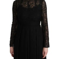 Black Floral Lace Sheath Silk Dress